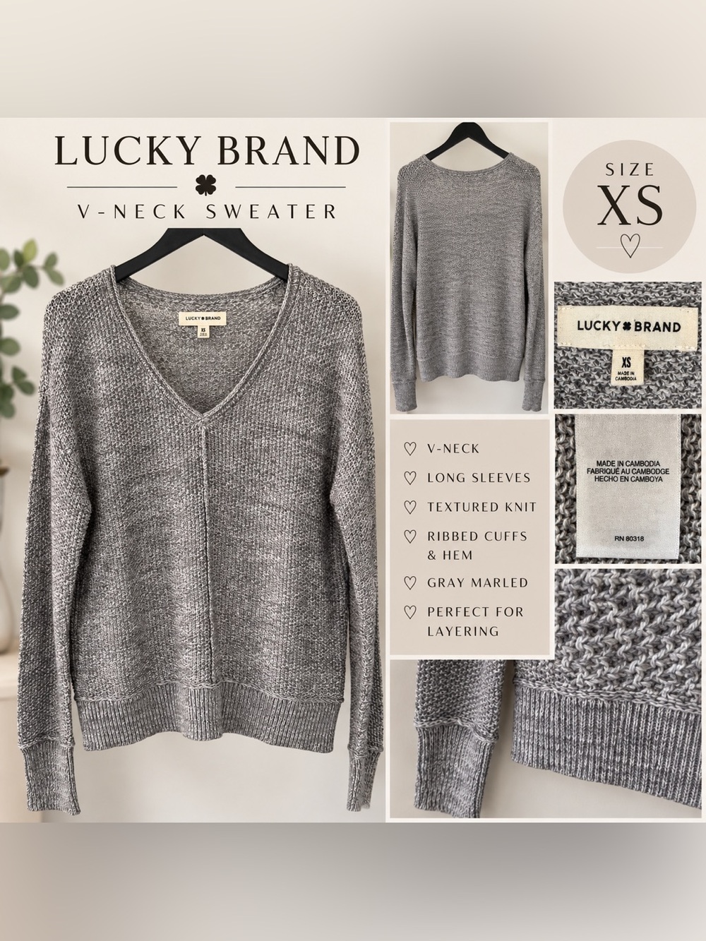 Lucky Brand Heather Gray V-Neck Knit Sweater